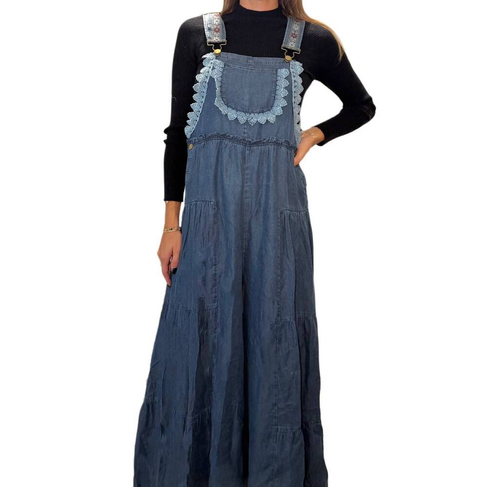 NEW VEVERET women's embroidered strap flowy overall in blue